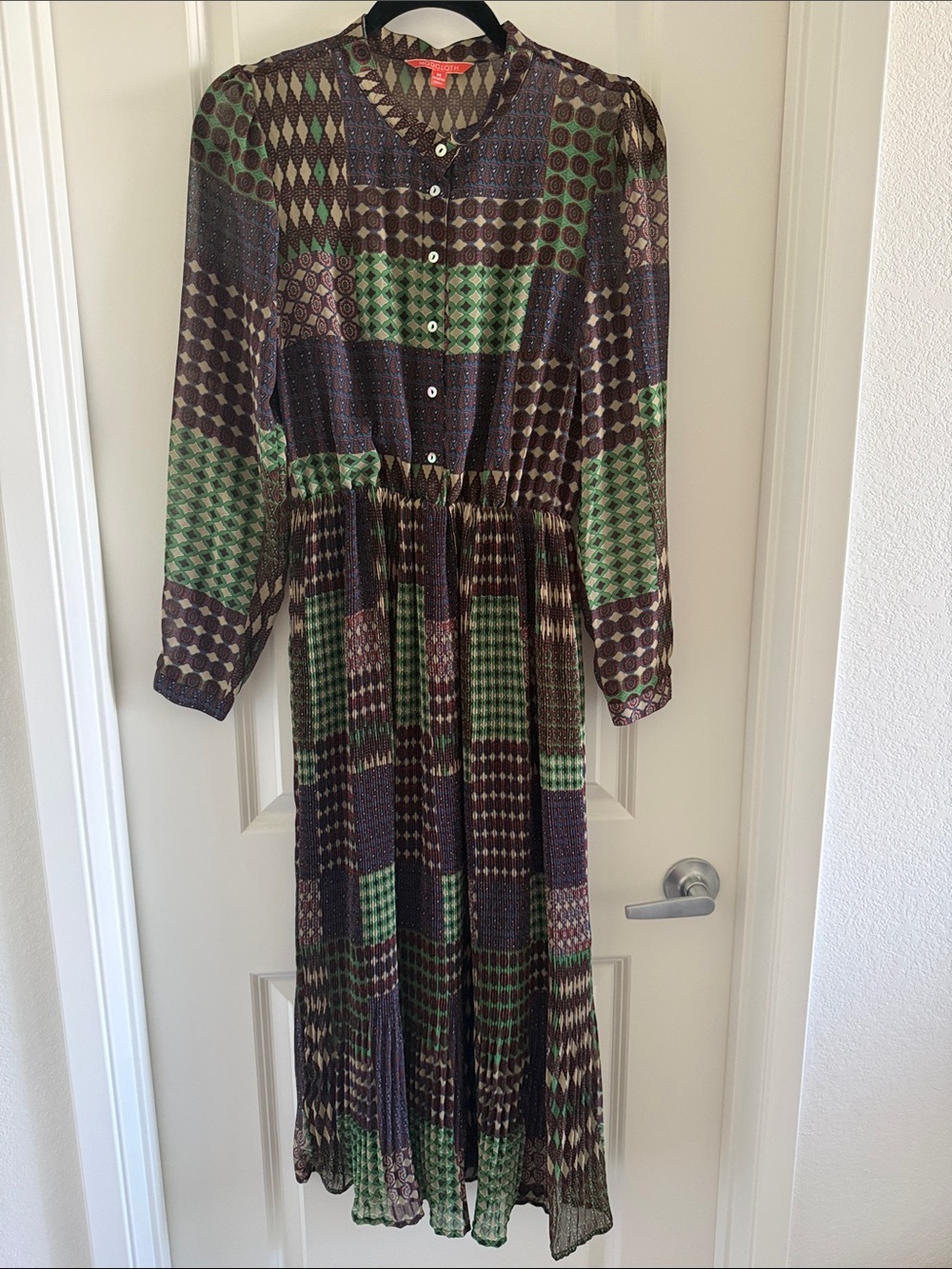 Modcloth Patchwork Green and Brown Long-Sleeve Maxi Dress